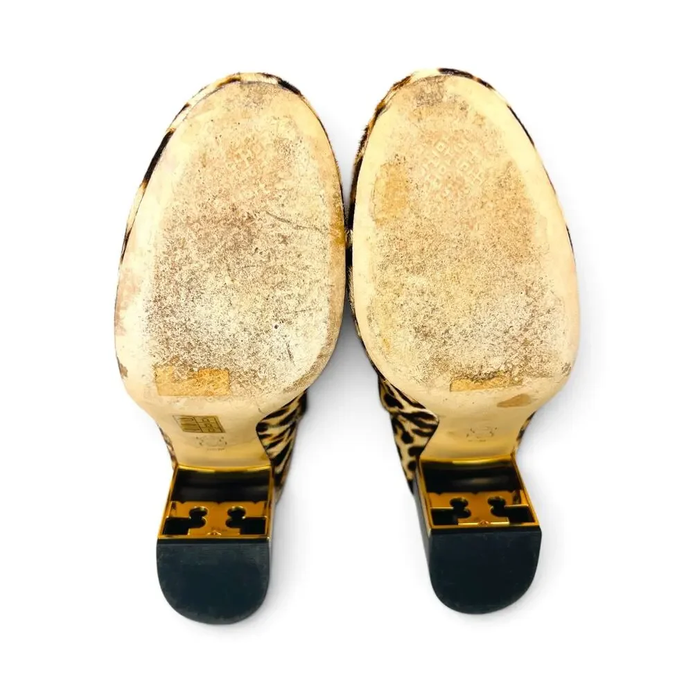 Tory Burch Gigi Leopard Pony Hair Ankle Booties Gold Logo Block Heel Size 8.5